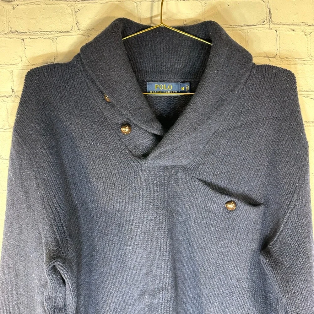 Polo Ralph Lauren Navy Merino Wool Angora Shawl Collar Sweater Mens Medium FLAW
